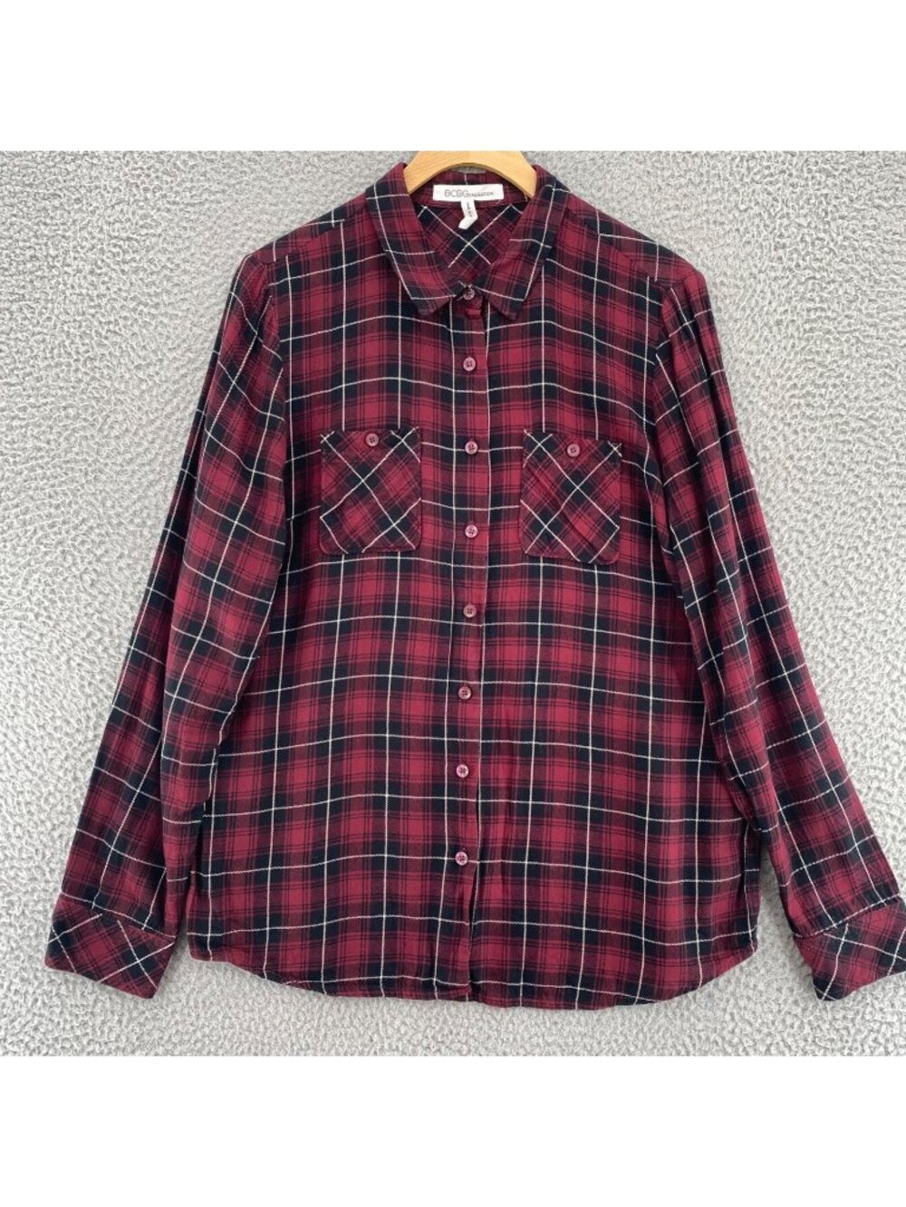 BCBGeneration Shirt Womens Medium Burgundy Plaid Flannel Button Up Long Sleeves